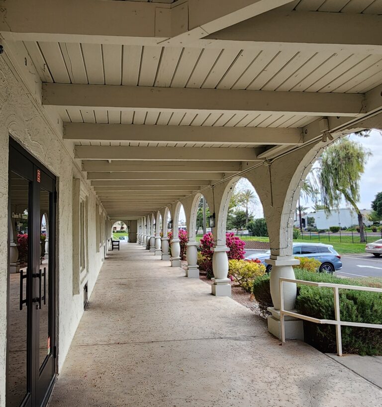 The breezeway at the front of the completx.