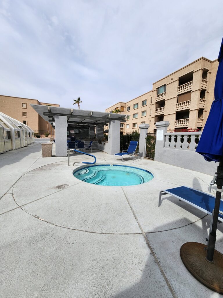 Hot Tub at Pool 3. Looking towards the BBQ area